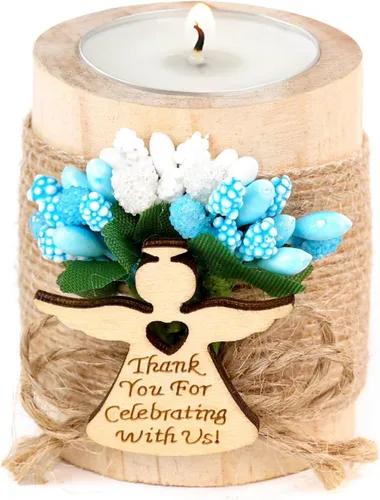 Miniatura 10 de Ju's Favors Juego de 10 portavelas de madera para recuerdos de bautismo para invitados, recuerdos de fiesta de baby shower (marrón oscuro - azul)