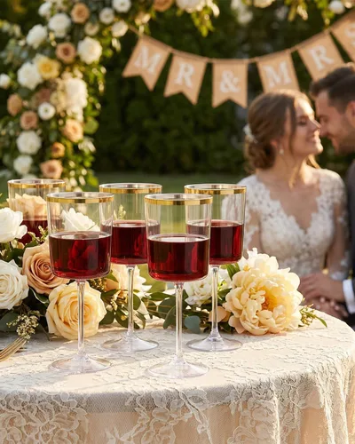 Miniatura 8 de Ciaell Paquete de 12 copas de vino de plástico, copas de vino de plástico de 10 onzas con tallo - Vasos desechables con borde dorado para fiestas