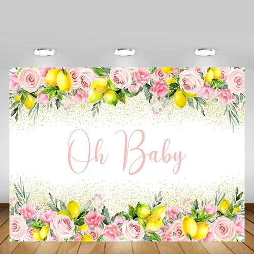 Miniatura 2 de MEHOFOND Telón de fondo de baby shower de limón de 7 x 5 pies para niño Oh Baby Blue Floral Lemonade Background Party Banner Decoración de mesa