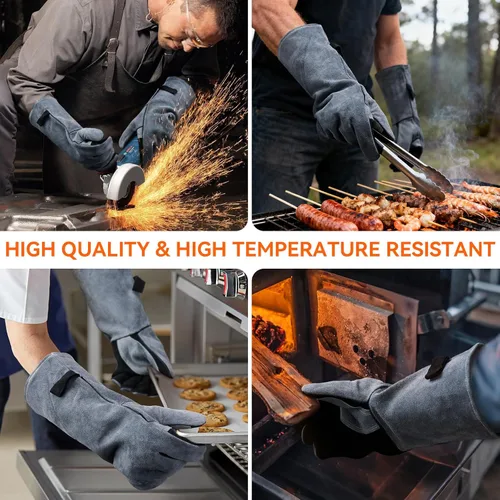 Miniatura 5 de OZERO Guantes de soldadura resistentes al calor 932°F de cuero de vaca de 16 pulgadas, manga larga y forro aislante, guantes de barbacoa