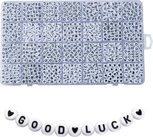1400 piezas de cuentas de letras, cuentas de acrílico de 4x7 mm del alfabeto, cuentas para hacer joyas y pulseras, en caja de 28 rejillas (blanco y