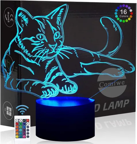 Luz nocturna de ilusión 3D de gato, lámpara de noche LED regulable de 16 colores con control táctil y remoto, USB y alimentada por batería,