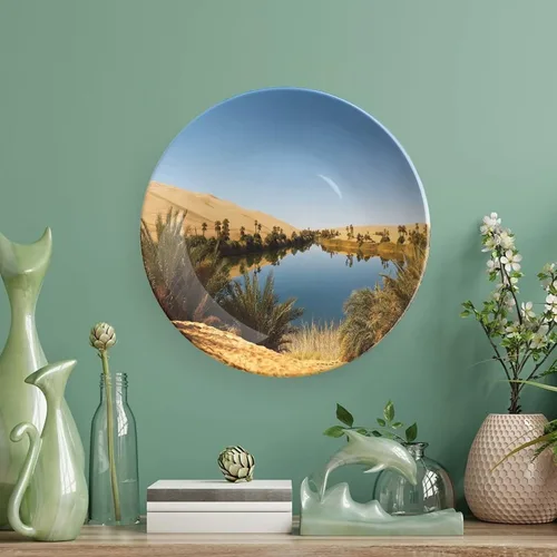 Miniatura 5 de XISUNYA Plato decorativo de 6 pulgadas, artesanía de cerámica del desierto, Oasis idílico Awbari Sand Sea Sahara Libia Pond Print Ornament Plate