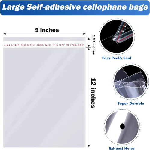 Miniatura 4 de 300 bolsas de celofán resellables transparentes grandes de 9 x 12 pulgadas para productos de embalaje, bolsas de regalo de plástico autosellantes