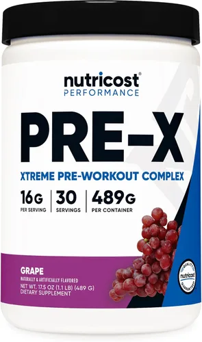 Nutricost Pre-X, Complejo de polvo para pre-entrenamiento extremo, uva, 30 porciones, vegetariano, sin OMG y sin gluten