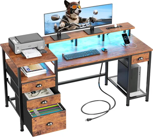 Miniatura 11 de Furologee Escritorio para juegos de 52 pulgadas con luces LED y tomas de corriente, escritorio reversible para computadora con 4 cajones, archivador