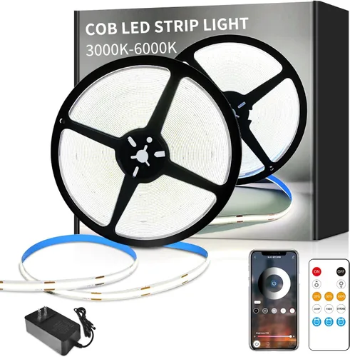 Miniatura 10 de COB - Tira de luces LED de 32.8 pies, 3000 K, blanco cálido, regulable, CC de 24 V, cinta de luces LED flexibles para dormitorio, con control remoto