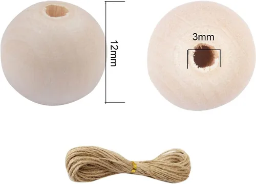 Miniatura 2 de 600 cuentas de madera de 0.472 in para manualidades con cordel de yute, cuentas redondas de madera natural sin terminar para manualidades, guirnalda