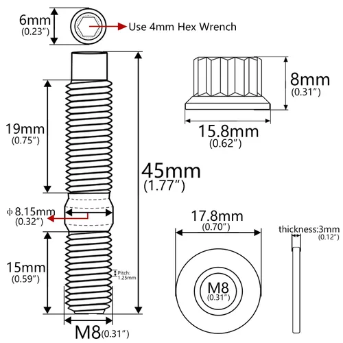 Miniatura 2 de Tornillo de titanio M8 M10x45 54 55 2.559 in paso 1.25 Kit de pernos de escape automotriz Kit tornillos, tuercas y arandelas Kit de 4 piezas