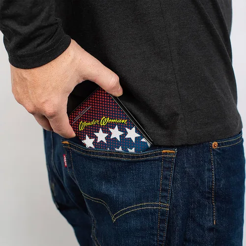 Miniatura 5 de Buckle-Down Billetera plegable de PU para hombre, diseño de estrellas y cara de la mujer maravilla, azul, rojo, amarillo, blanco, multicolor, 4.0 x