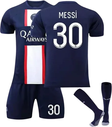 Paris Messi Blue Home 2223 - Conjunto de camiseta de fútbol para niños, pantalones cortos y calcetines, tamaño S (6-7 años) para jóvenes, Azul