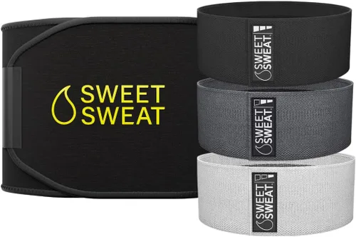 Sports Research® Paquete de entrenamiento – Sweet Sweat Core Series - Faja reductora de cintura (negro/amarillo, mediano) y bandas de cadera grises