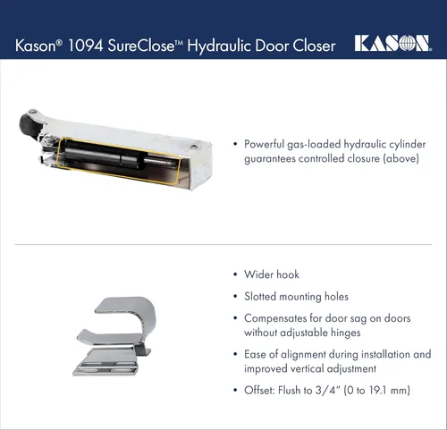Miniatura 5 de Kason 1094 SureClose Cierrapuertas hidráulico, expuesto con gancho empotrado a 3/4 pulgadas, 11094000003_11094000026