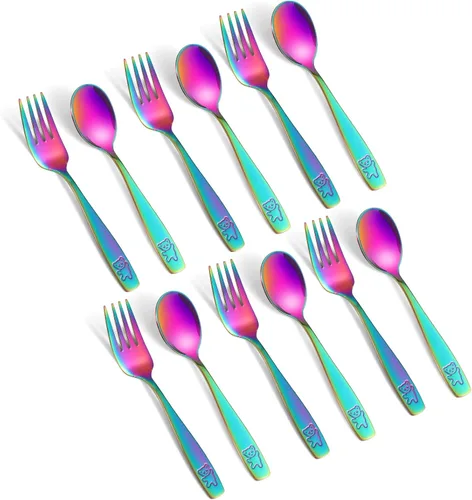 Pimoys Juego de cubiertos de 12 piezas para niños, diseño de arcoíris, de acero inoxidable, tenedores y cucharas seguros para niños, juego de