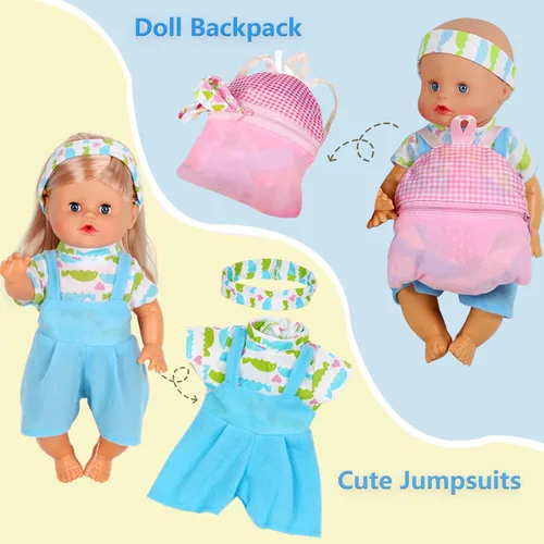 Miniatura 6 de 10 juegos para muñeca de bebé de 10-11-12 pulgadas, accesorios de muñeca recién nacida, trajes de disfraces con mochila escolar, juguete de cocina
