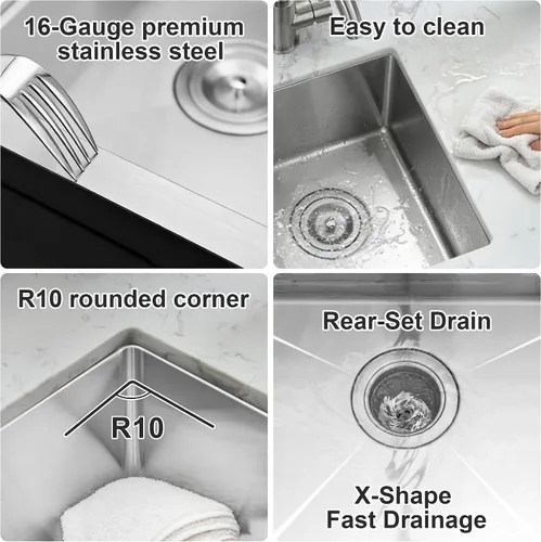 Miniatura 6 de Fregadero de Bar - PEPO Fregadero de Cocina Bajo Encimera de 13 x 15 Pulgadas, Fregadero de Cocina Pequeño de Una Sola Cubeta de Acero Inoxidable