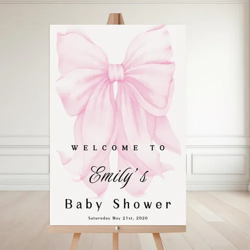 Miniatura 20 de Letrero de bienvenida personalizado con lazo rosa, editable imprimible para fiesta de bebé, letrero de baby shower con lazo rosa #12 Baby Shower #12