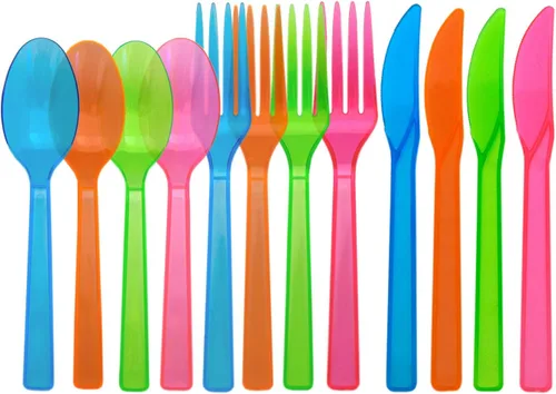 Miniatura 7 de Party Essentials Paquete combinado de cubiertos de plástico duro, 64 ajustes de lugar, varios colores de neón, N124890-4,192