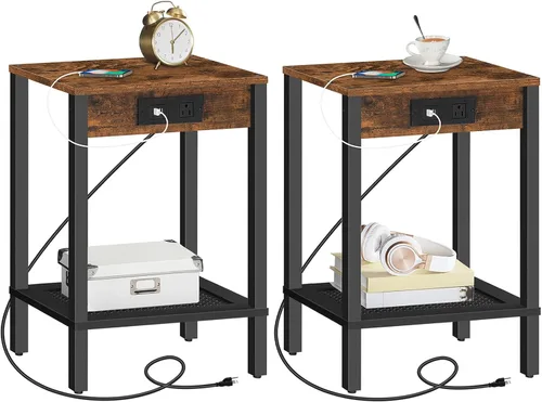 Miniatura 13 de HOOBRO Mesa auxiliar con estación de carga, mesa auxiliar con puertos USB y tomacorriente, mesita de noche con estante de almacenamiento de 2 Negro