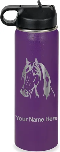 Miniatura 42 de LaserGram Botella de agua personalizada, cabeza de caballo 1, acero inoxidable de doble pared aislada al vacío con popote superior, regalo grabado