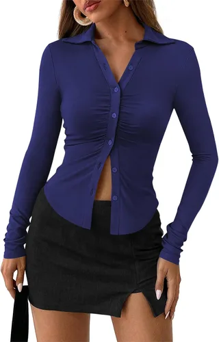 Miniatura 9 de PRETTYGARDEN - Camisas con botones para mujer, cuello en V, cuello abotonado, ajustadas, manga larga, camisa casual, moda de otoño, tops para damas