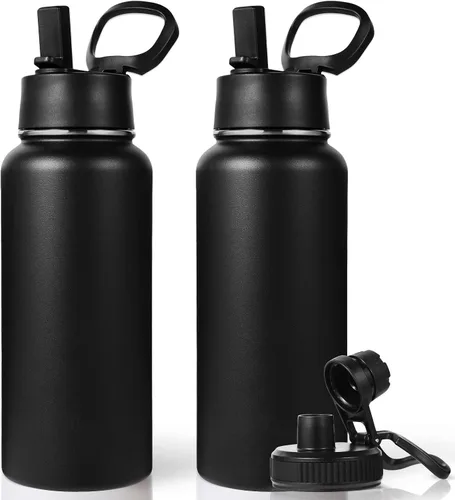 Miniatura 41 de Neihepal Botella de agua aislada de 32 onzas con 2 tapas (tapa con pajilla y boquilla), botellas de agua de doble pared de acero inoxidable 18/8