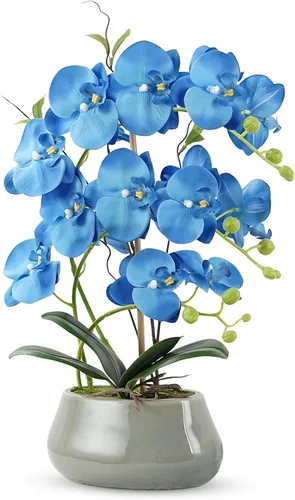 Miniatura 10 de Flores artificiales de orquídea con jarrón plateado, flores de falaenopsis de seda sintética grande para mesa de comedor, centros de mesa florales