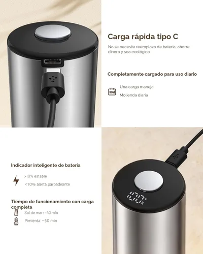 Miniatura 2 de Juego de molinillo eléctrico de sal y pimienta, tipo C recargable con pantalla de nivel de batería LED, salero y pimentero de acero inoxidable