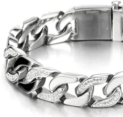 Miniatura 4 de COOLSTEELANDBEYOND Pulsera de cadena de acero inoxidable para hombre, altamente pulida con circonita cúbica