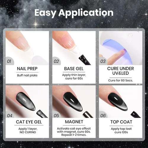 Miniatura 7 de Beetles - Juego de esmaltes de gel blanco y negro, 6 colores plateados, ojo de gato, purpurina brillante con imán, arte de uñas UV LED, hogar, salón