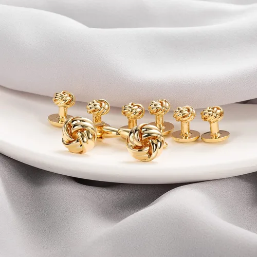 Miniatura 2 de HAWSON Gemelos con nudo y tachuelas de camisa para hombre en tono dorado o plateado, a juego con esmoquin blanco y negro, adecuados para el día