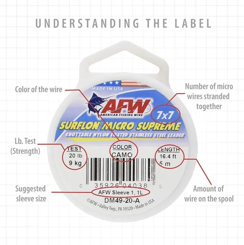 Miniatura 3 de American Fishing Wire Surflon Micro Supreme Nylon recubierto 7x7 de acero inoxidable, líder en alambres anudables para pesca en agua salada, pesca