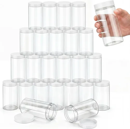 Miniatura 6 de SATINIOR 24 frascos de plástico transparente vacíos con tapas, recipientes de almacenamiento redondos de boca ancha para productos de belleza