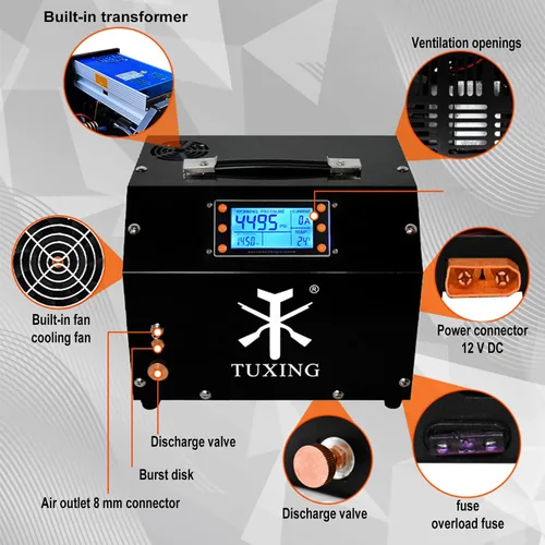 Miniatura 9 de TUXING Compresor de Aire PCP 4500Psi, Compresor de Alta Presión con Parada Automática, Equipado con Sistema de Refrigeración por Agua, para Carga