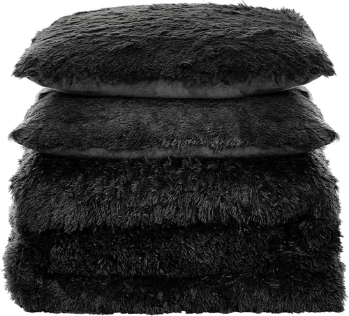 Miniatura 3 de Juego de edredón de felpa lanudo ultra suave, lujoso, de pelo sintético, decorativo, esponjoso, de terciopelo cristalino, con 2 fundas, tamaño Negro