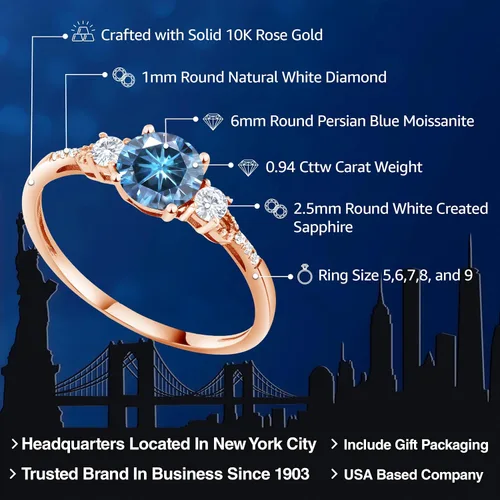 Miniatura 65 de Gem Stone King Anillo de compromiso de 3 piedras preciosas redondas de oro rosa de 10 quilates, 0.236 in, piedra natal, zafiro blanco y diamante