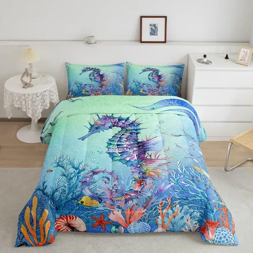 Miniatura 8 de Juego de edredón de ballena individual, juegos de ropa de cama retro con temática náutica para decoración de dormitorio, edredón de plumón de vida
