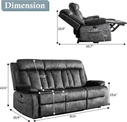 Miniatura 2 de Sofá reclinable eléctrico GUEAPY, sofá reclinable de 3 plazas con masaje y calor, mesa desplegable, puertos de carga USB y tipo C, portavasos, Gris