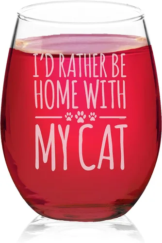 Veracco I'd Rather Be Home With My Cat - Vaso de vino sin tallo, divertido cumpleaños para gato, mamá, gato loco, mujer, amante de los animales,