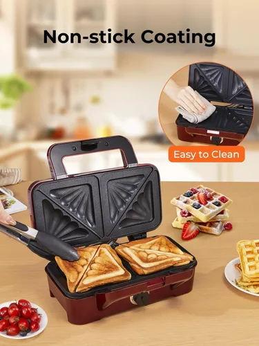 Miniatura 7 de HOUSNAT Sandwicherera, waflera 3 en 1 con placas extraíbles, prensa Panini de 1200 W con placas antiadherentes intercambiables, luces indicadoras