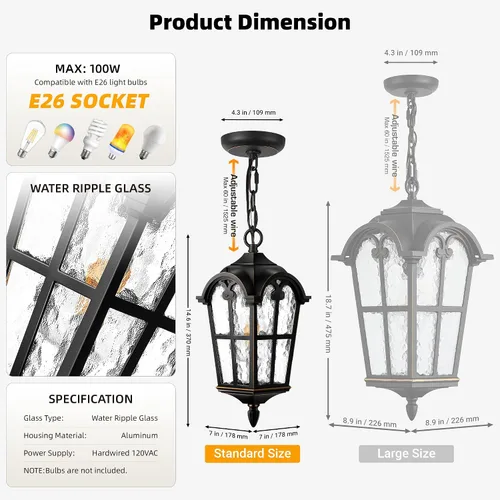 Miniatura 6 de VIANIS Lámpara colgante exterior negra con adornos dorados, luces colgantes exteriores con vidrio ondulado, candelabro exterior de aluminio
