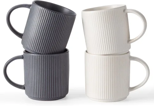 Miniatura 17 de Juego de Tazas de Café Famiware para 6, Tazas de 12 oz con Asa para Café, Té, Cacao, Leche - Juego de Vajilla de Cerámica y Gres, Blanco Mate Blanco
