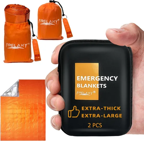Frelaxy Paquete de 2/4 mantas de emergencia, extra gruesas, extra grandes, con silbatos, bolsas de almacenamiento y funda de EVA Naranja - Paquete