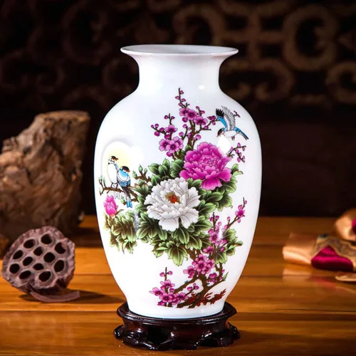 Miniatura 2 de Jarrón de cerámica blanco chino, Jingdezhen Birds Peony Flower Jarrones de porcelana blanca Decoración para el hogar B5
