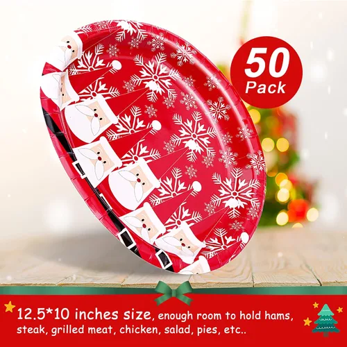 Miniatura 5 de 50 platos de papel ovalados de Navidad, platos desechables grandes de 10 x 12.5 pulgadas para decoración de mesa de vajilla de Navidad Rojo