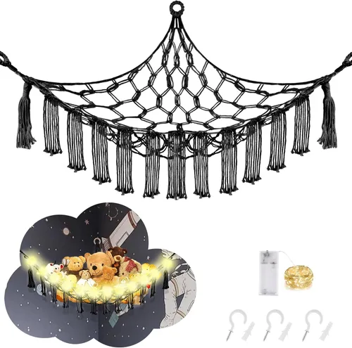 Miniatura 22 de CERETIA Hamaca de animales de peluche con luz LED, red grande de almacenamiento en esquina de animales de peluche para decoración de habitación