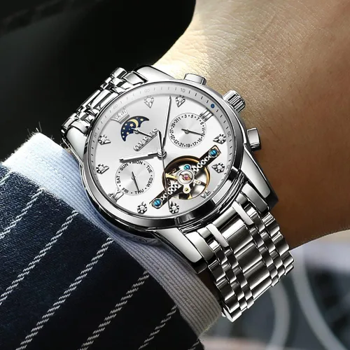 Miniatura 3 de OLEVS Relojes automáticos para hombre, esqueleto Tourbillon, reloj de pulsera de lujo con diamantes de cuerda automática, acero inoxidable