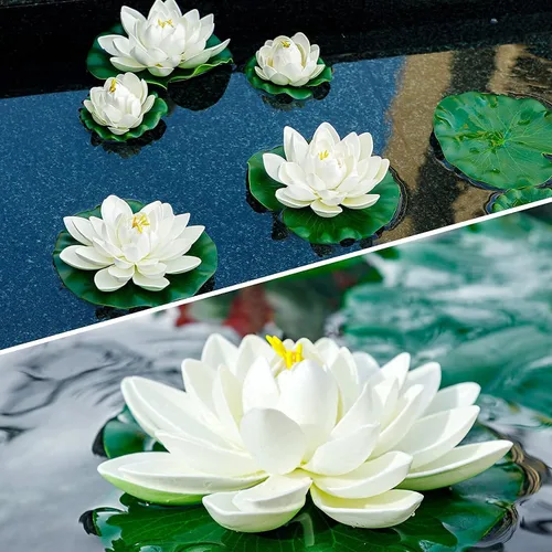 Miniatura 6 de 16 flores flotantes artificiales para piscina, 7 y 4 pulgadas, almohadillas de lirio de agua falsas, flores de loto, decoraciones flotantes