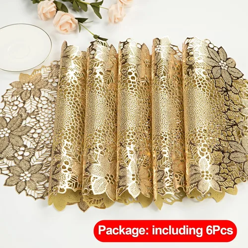 Miniatura 4 de Juego de 6 manteles individuales de vinilo prensado, hojas doradas redondas en flor, aptos para limpieza, 38 cm, antideslizantes, platos huecos