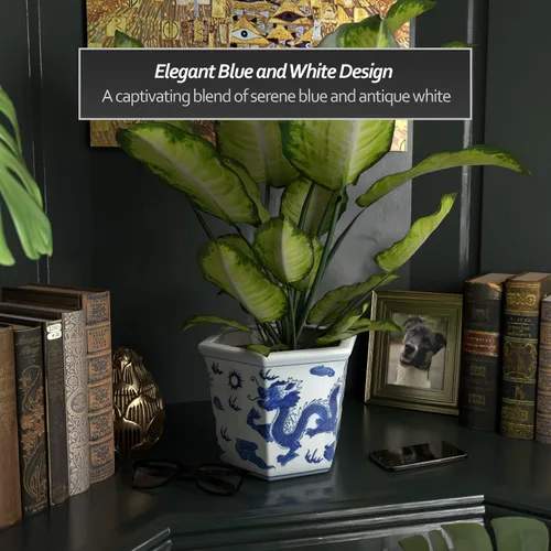 Miniatura 5 de Red Lantern 10" Maceta de flores de porcelana azul y blanca con diseño de dragón
